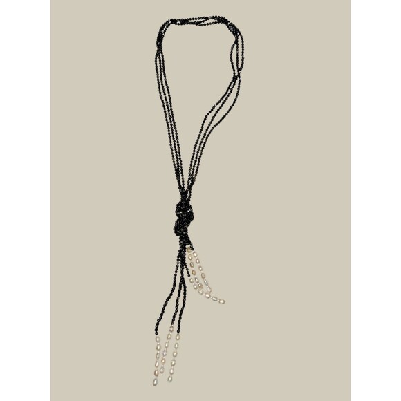 50" Sautoir with Larvikite and Pearl Tie Necklace Old Money Classic Luxury - Picture 1 of 4